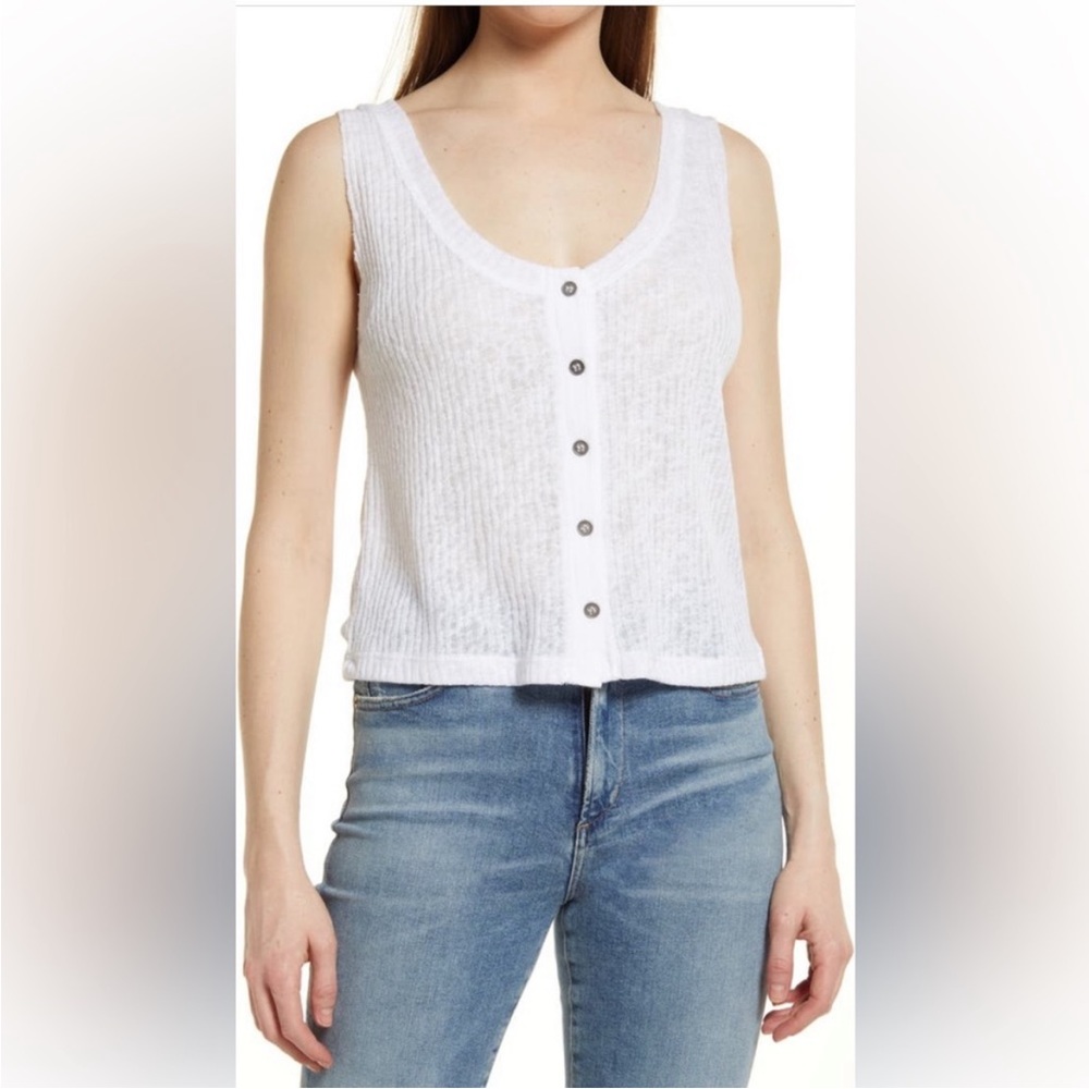 Melrose and Market Sheer White Sleeveless Knit Button Down Tank Size Large NWOT